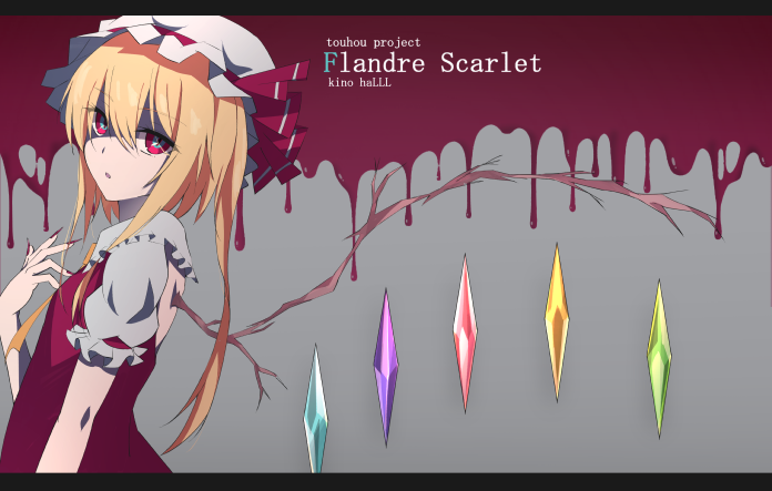 1girl artist_name ascot bangs blonde_hair blood blood_drip character_name collared_shirt commentary_request copyright_name eyes_visible_through_hair fingernails flandre_scarlet frilled_shirt_collar frilled_sleeves frills from_side gem grey_background hair_between_eyes hat hat_ribbon kinohal95 long_fingernails looking_at_viewer looking_to_the_side mob_cap nail_polish open_mouth outline puffy_short_sleeves puffy_sleeves red_eyes red_nails red_ribbon red_skirt ribbon shaded_face shirt short_sleeves side_ponytail sidelocks skirt skirt_set slit_pupils solo touhou upper_body white_hat white_shirt wings yellow_neckwear