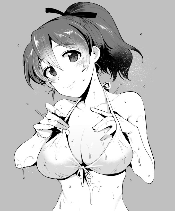 1girl adjusting_clothes adjusting_swimsuit bangs bikini breasts cleavage closed_mouth commentary_request eyebrows_visible_through_hair front-tie_bikini front-tie_top girls_und_panzer greyscale hair_ribbon hand_in_swimsuit head_tilt koyama_yuzu large_breasts looking_at_viewer monochrome nakasone_haiji ribbon short_hair short_ponytail smile solo swimsuit upper_body wet wet_clothes wet_hair wet_swimsuit