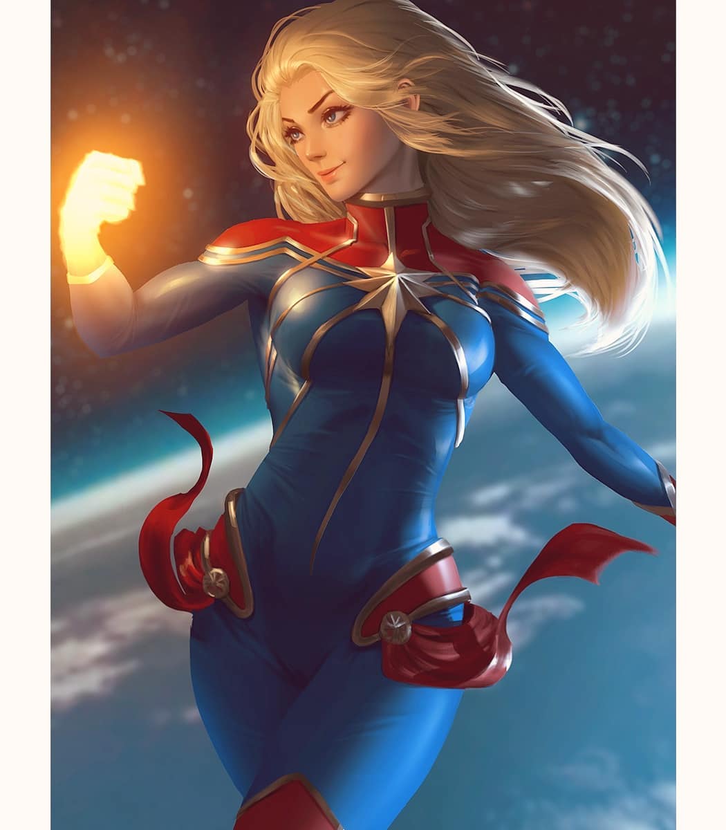 1girl blonde_hair blue_eyes blurry bodysuit captain_marvel carol_danvers depth_of_field earth glowing glowing_hand highres long_hair looking_to_the_side marvel raikoart shawl smile solo space star_(sky) superhero toned