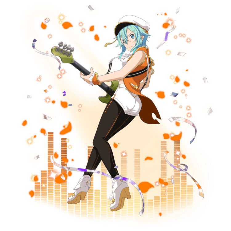 1girl aqua_hair black_legwear blue_eyes crop_top full_body guitar hair_between_eyes hat high_heels holding holding_instrument instrument jacket looking_at_viewer looking_back midriff music open_clothes open_jacket orange_jacket pantyhose pantyhose_under_shorts playing_instrument shinon_(sao) shoes short_hair_with_long_locks short_shorts shorts sidelocks simple_background sleeveless solo standing sword_art_online white_background white_footwear white_hat white_shorts wrist_cuffs