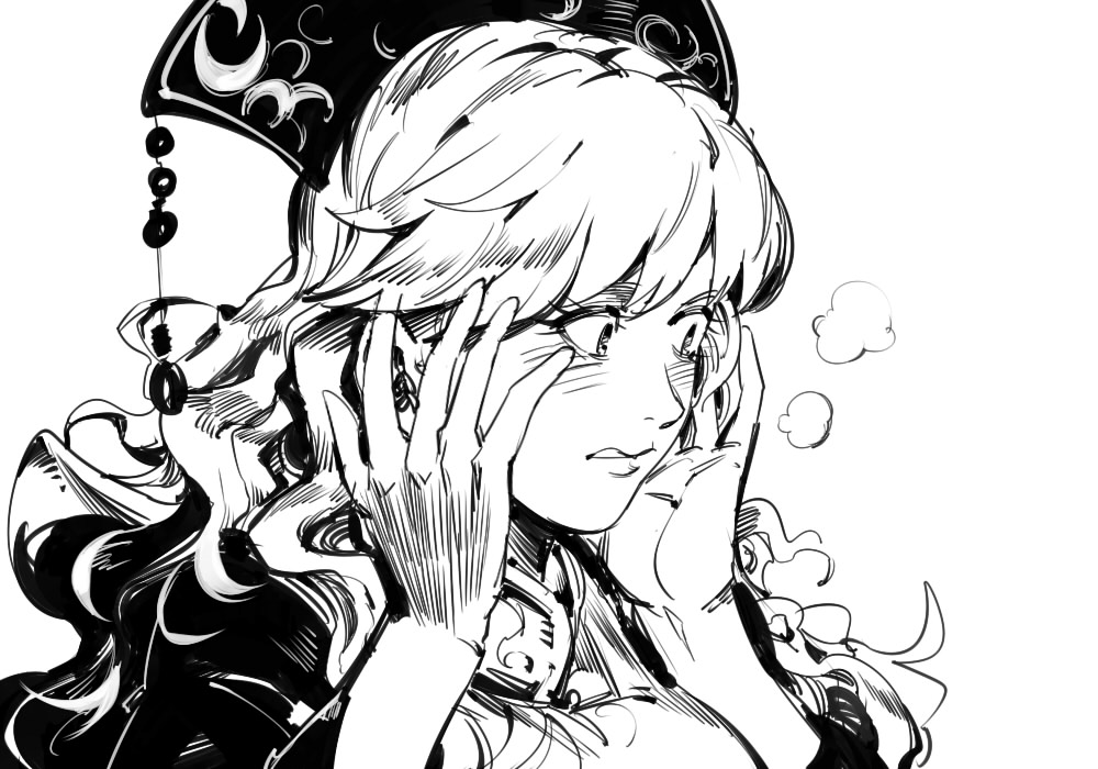 1girl bangs blush close-up crescent dress embarrassed greyscale hands_up hat junko_(touhou) long_hair monochrome ruukii_drift simple_background solo tabard touhou upper_body wavy_hair white_background