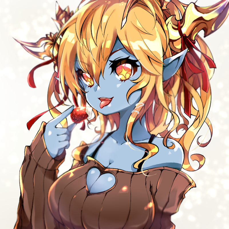 +_+ 1girl :d bangs bare_shoulders blonde_hair blue_skirt breasts brown_sweater cleavage collarbone commentary_request cream eyebrows_visible_through_hair food fruit hair_between_eyes heart_cutout hera-ur_(p&amp;d) hera_(p&amp;d) holding holding_food horns large_breasts long_hair long_sleeves off-shoulder_sweater open_mouth orange_eyes pikomarie pointy_ears puzzle_&amp;_dragons ribbed_sweater skirt sleeves_past_wrists smile solo strawberry sweater tongue tongue_out v-shaped_eyebrows