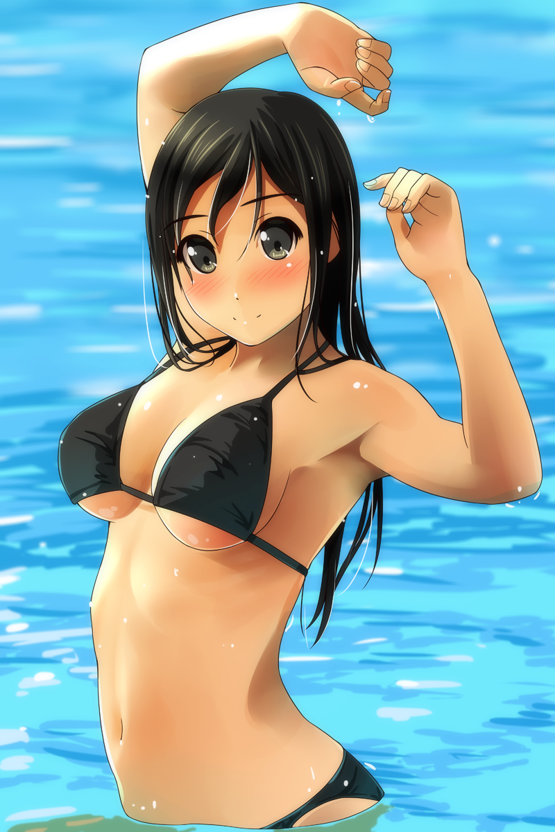 1girl arched_back arms_up bare_arms bare_shoulders bikini black_bikini black_hair blush breasts cleavage closed_mouth collarbone day fingernails green_eyes highres long_hair looking_at_viewer matsunaga_kouyou medium_breasts navel original outdoors partially_submerged shiny shiny_skin smile solo stomach string_bikiniswimsuit tareme upper_body water