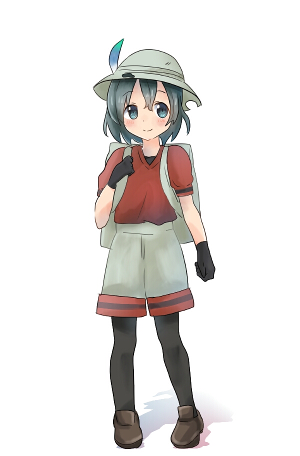 1girl backpack bag black_hair blue_eyes blush bucket_hat commentary_request eyebrows_visible_through_hair feathers full_body gloves hat holding_strap kaban_(kemono_friends) kemono_friends loafers pantyhose poripuropiren1105 shirt shoes short_hair short_sleeves shorts solo t-shirt