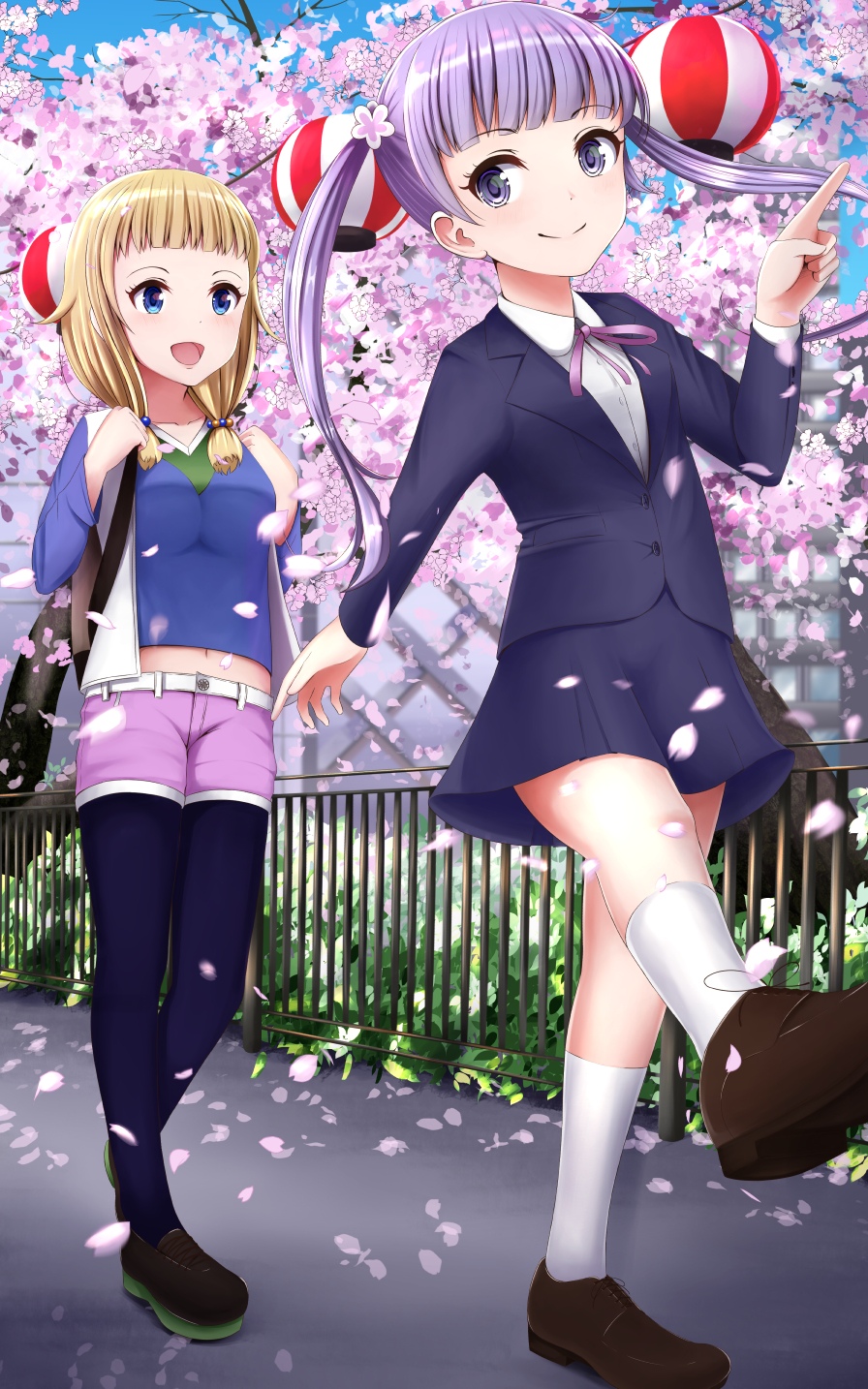 2girls :d backpack bag behind_another black_legwear blonde_hair blue_eyes blue_shirt blue_skirt breasts cherry_blossoms day hair_bobbles hair_ornament hayakawa_inuha highres kneehighs lantern lattice lavender_hair loafers looking_at_another looking_at_viewer midriff multiple_girls navel neck_ribbon new_game! open_clothes open_mouth open_vest outdoors pantyhose pointing purple_ribbon purple_shorts railing ribbon sakura_nene shirt shoes short_hair shorts skirt small_breasts smile suit_jacket suzukaze_aoba tree twintails vest violet_eyes walking white_legwear