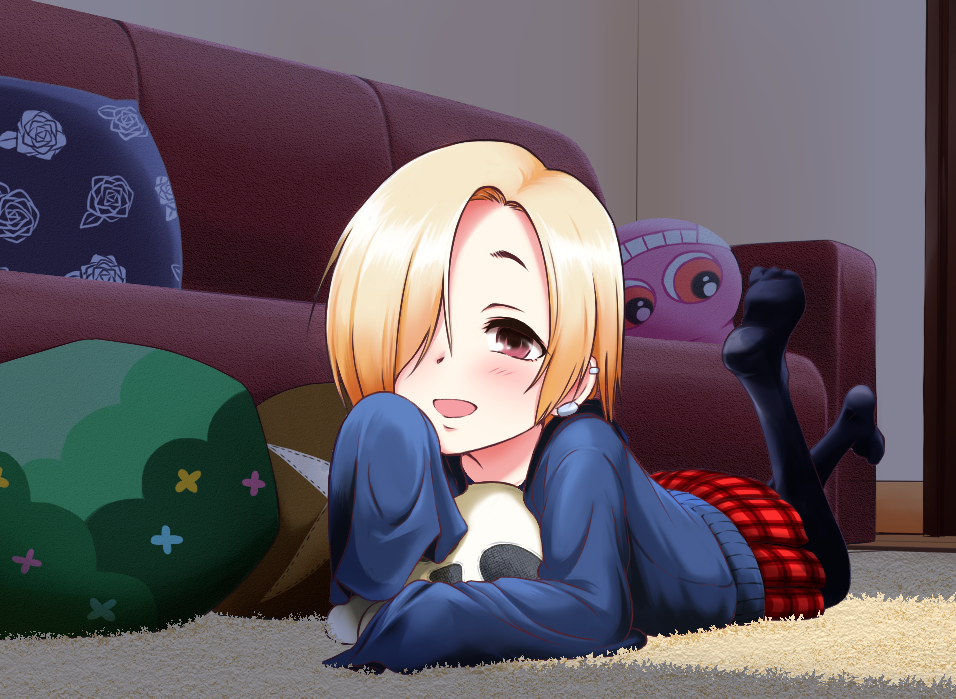 aojiroi_fokkusu bags_under_eyes black_legwear blonde_hair blush brown_eyes couch ear_piercing earrings hair_over_one_eye hood hood_down hoodie idolmaster idolmaster_cinderella_girls jewelry looking_at_viewer lying on_stomach open_mouth piercing plaid plaid_skirt shirasaka_koume short_hair skirt skull sleeves_past_fingers sleeves_past_wrists smile thigh-highs