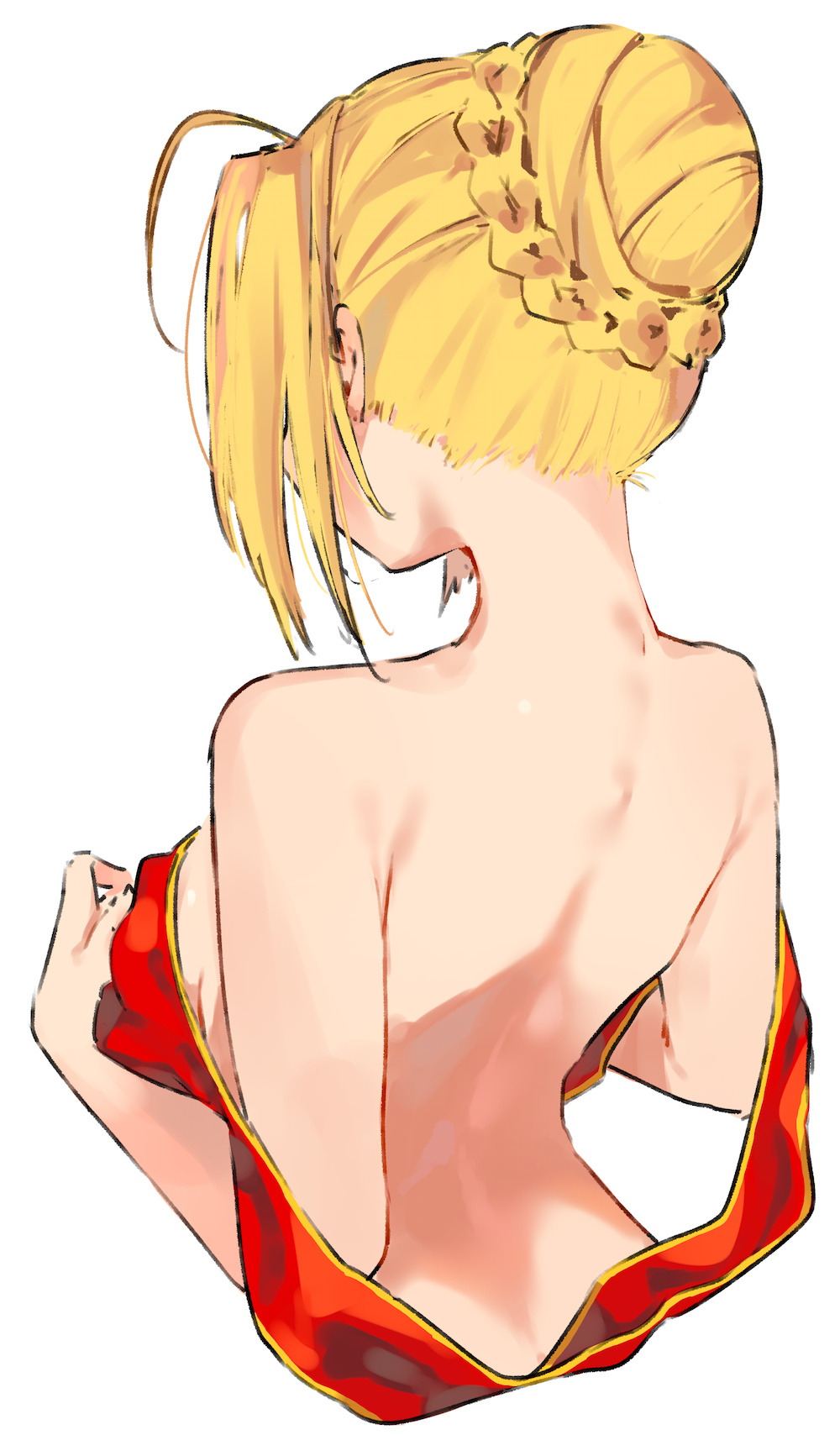 1girl ahoge arched_back back braid breasts facing_away fate/extra fate/extra_ccc fate_(series) frills hair_bun hand_on_own_chest highres kei_(soundcross) medium_breasts nape nero_claudius_(fate) nero_claudius_(fate)_(all) nude shawl sideboob simple_background solo upper_body white_background