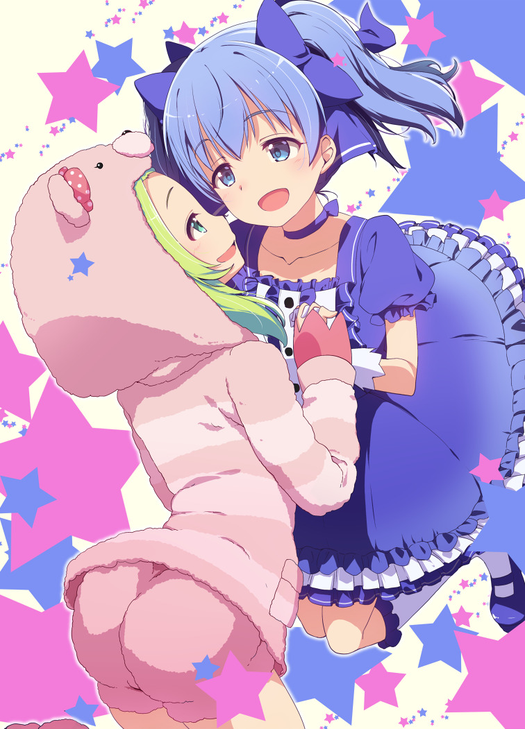 2girls :d blue_eyes blue_hair character_request commentary_request eye_contact eyebrows_visible_through_hair gloves green_eyes green_hair hand_holding hood interlocked_fingers looking_at_another multiple_girls natsumi_akira nijisanji open_mouth puffy_short_sleeves puffy_sleeves short_sleeves smile star starry_background twintails virtual_youtuber white_gloves