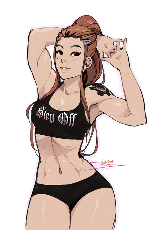 1girl breasts brigitte_(overwatch) brown_eyes brown_hair cleavage clothes_writing commentary hair_ornament hairclip interlocked_fingers long_hair looking_at_viewer medium_breasts midriff mike_nesbitt navel overwatch ponytail short_shorts shorts shoulder_tattoo sidelocks solo sports_bra sweat tattoo toned