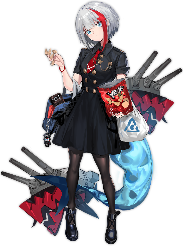 1girl admiral_graf_spee_(azur_lane) aiguillette azur_lane bag bag_of_chips bangs black_dress black_footwear black_legwear blue_eyes breasts bugles buttons charm_(object) chips closed_mouth collared_dress deutschland_(azur_lane) dress eyebrows eyes_visible_through_hair facing_away fingernails fish_tail food full_body hair_between_eyes head_tilt holding iron_cross legs_apart looking_away machinery multicolored_hair nail_polish necktie official_art pantyhose pink_nails ran_(pixiv2957827) red_neckwear redhead reichsadler shoes short_hair short_hair_with_long_locks short_sleeves silver_hair simple_background skull skull_and_crossbones small_breasts solo standing streaked_hair tachi-e tail transparent_background turret two-tone_hair wristband