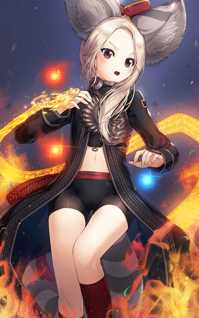 1girl animal_ears bike_shorts black_eyes blonde_hair bow breasts coat commentary_request copyright_request fire glint hair_bow kfr long_hair long_sleeves looking_at_viewer magic midriff open_mouth red_bow small_breasts solo tail thigh_gap
