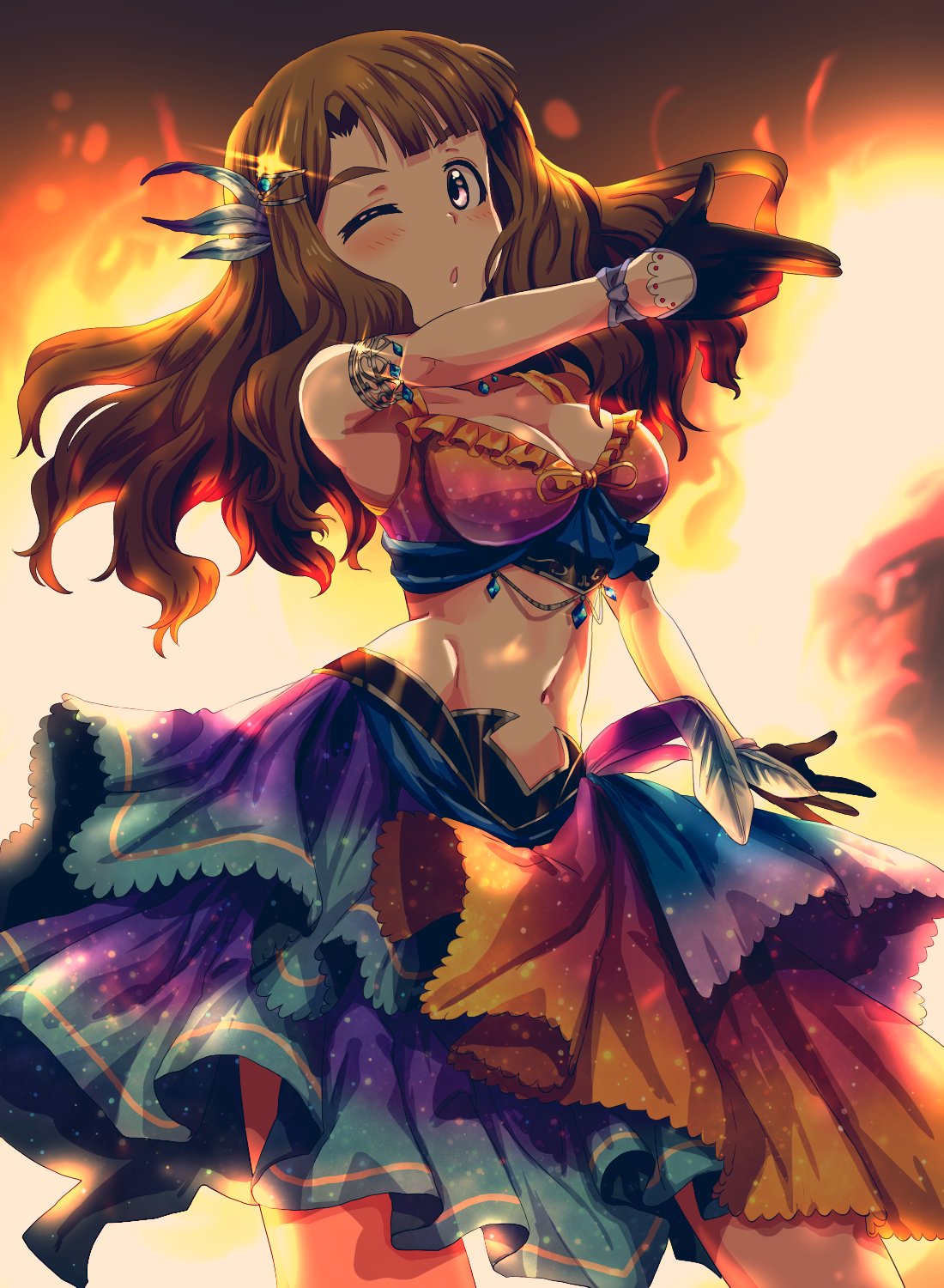 1girl bangs black_gloves blush breasts brown_eyes brown_hair cleavage commentary_request dress feathers fire gloves hair_feathers highres idolmaster idolmaster_million_live! idolmaster_million_live!_theater_days long_hair looking_at_viewer medium_breasts midriff miyao_miya navel pointing run_p_(aveton) smile solo thick_eyebrows