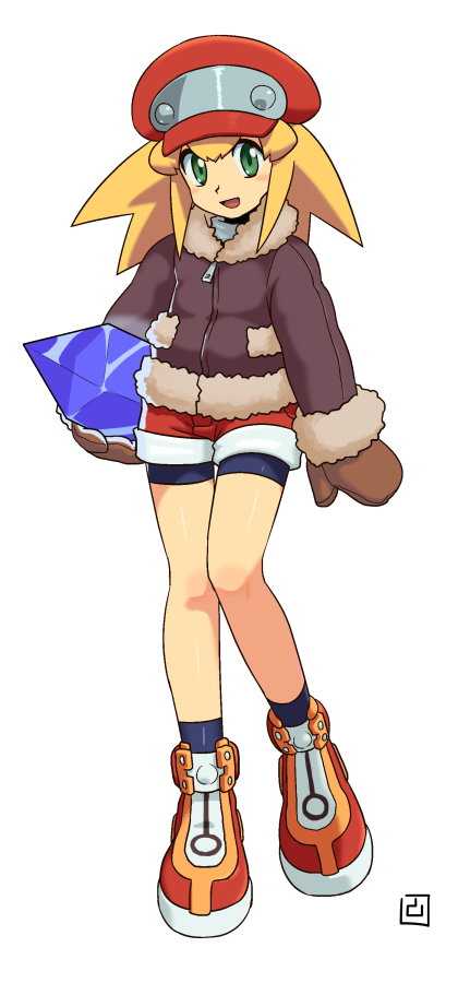 1girl bare_legs bike_shorts bike_shorts_under_shorts blonde_hair blush capcom coat crystal full_body fur_trim gem green_eyes hat head_tilt holding mittens muu_(mumumer) pocket rockman rockman_dash roll_caskett shoes shorts smile solo spiky_hair white_background zipper zipper_pull_tab