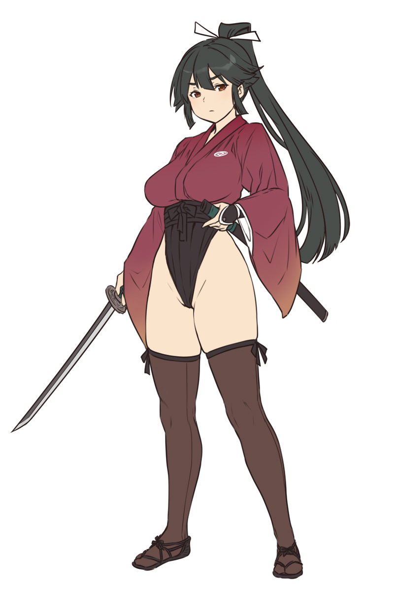 1girl bangs black_hair black_legwear breasts closed_mouth commentary_request full_body highres holding holding_sword holding_weapon houtengeki japanese_clothes katana large_breasts long_hair long_sleeves original ponytail red_eyes sandals sheath sidelocks simple_background solo standing sword weapon wedgie white_background wide_sleeves
