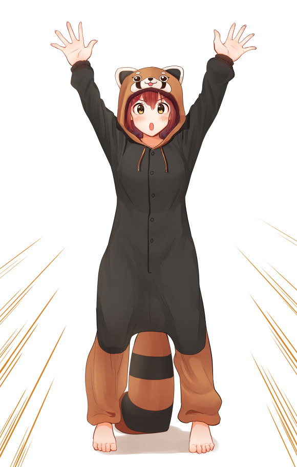 1girl animal_costume arms_up barefoot blush emphasis_lines eyebrows_visible_through_hair full_body hair_ornament hairclip idolmaster idolmaster_million_live! kamille_(vcx68) kasuga_mirai long_sleeves looking_at_viewer redhead short_hair simple_background solo standing tanuki_costume v-shaped_eyebrows white_background yellow_eyes