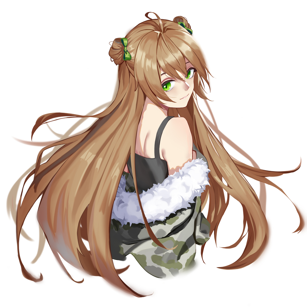 1girl ahoge bangs bare_shoulders blush bow breasts brown_hair camouflage_coat choker coat cropped_torso double_bun dress eyebrows_visible_through_hair floating_hair from_behind fur-trimmed_coat fur_trim girls_frontline green_bow green_eyes hair_bow long_hair looking_at_viewer looking_back medium_breasts off_shoulder open_clothes rfb_(girls_frontline) shoulder_blades sidelocks simple_background smile solo tsuaaa very_long_hair white_background