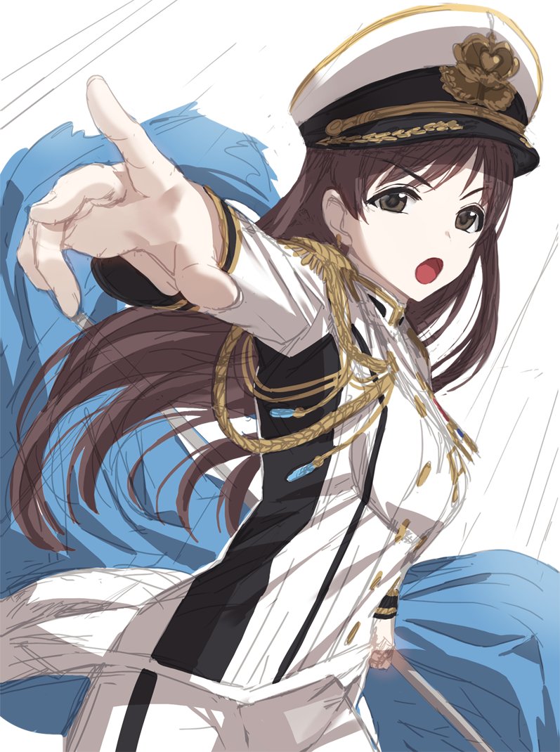 1girl blue_cape brown_eyes brown_hair cape commentary_request epaulettes fingernails hat holding holding_sword holding_weapon idolmaster idolmaster_cinderella_girls idolmaster_cinderella_girls_starlight_stage kfr long_sleeves military military_uniform nitta_minami open_mouth peaked_cap pointing sketch solo standing sword uniform v-shaped_eyebrows weapon