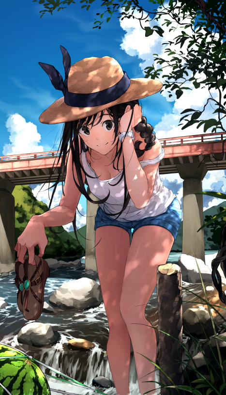 1girl adjusting_hair bare_arms bare_legs bare_shoulders black_hair blue_sky braid breasts bridge brown_eyes brown_footwear cleavage closed_mouth clouds dappled_sunlight day feet_out_of_frame food fruit hand_in_hair hat long_hair looking_at_viewer maruhana medium_breasts mountainous_horizon original river rock sandals_removed short_shorts shorts side_braid sky smile solo strap_slip sun_hat sunlight tank_top thigh_gap water watermelon