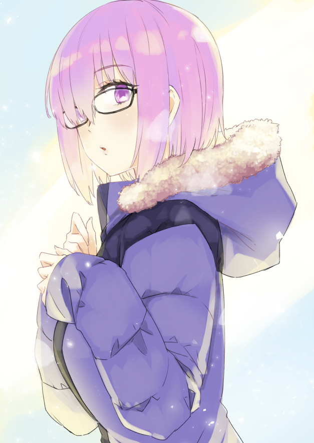 1girl alternate_costume black-framed_eyewear eyebrows_visible_through_hair fate/grand_order fate_(series) fur_trim glasses hair_over_one_eye kusano_houki lavender_hair looking_at_viewer mash_kyrielight pink_hair purple_hair short_hair solo violet_eyes winter_clothes