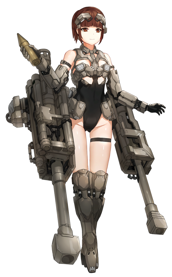 1girl bangs bare_shoulders black_leotard blunt_bangs boots breasts brown_eyes brown_hair cannon commentary_request full_body gauntlets holding kfr legband leotard machinery mecha_musume original science_fiction shell short_hair simple_background skindentation small_breasts smile solo standing thigh_gap white_background