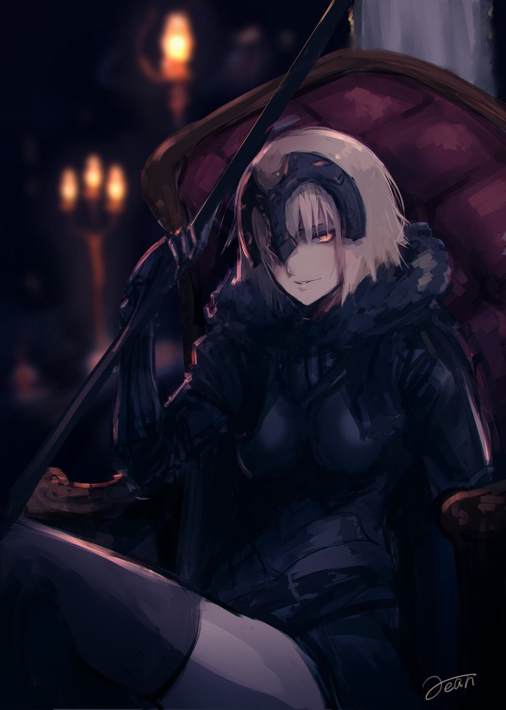 1girl armchair banner blonde_hair blurry blurry_background breasts candle chair commentary_request depth_of_field fate/grand_order fate_(series) glowing glowing_eyes grey_legwear highres holding jeanne_d'arc_(alter)_(fate) jeanne_d'arc_(fate)_(all) lantern large_breasts looking_at_viewer orange_eyes rean_(r_ean) sitting smile smirk solo thigh-highs