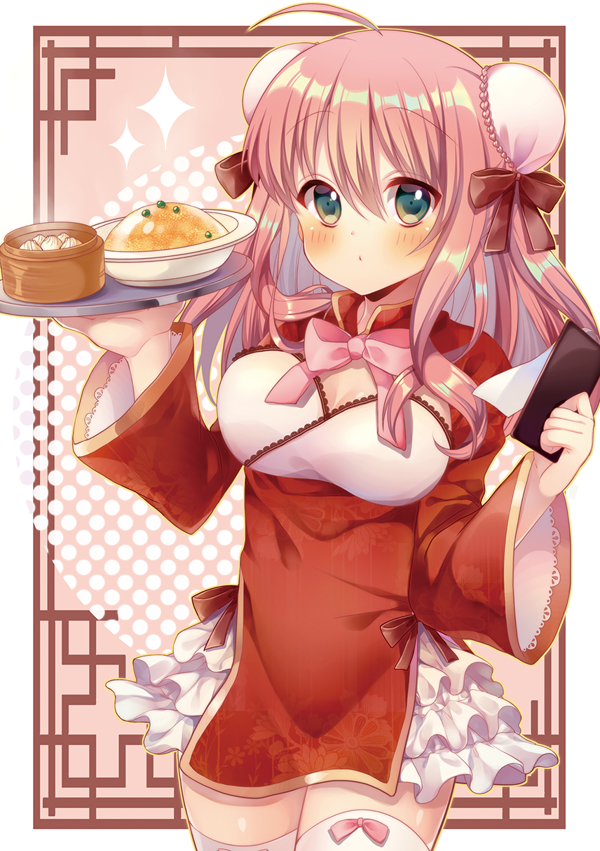 1girl ahoge bangs baozi black_bow blush bow braid breasts bun_cover china_dress chinese_clothes cleavage cleavage_cutout closed_mouth commentary_request double_bun dress eyebrows_visible_through_hair food green_eyes hair_between_eyes hair_bow highres holding holding_tray long_hair long_sleeves medium_breasts original pink_bow pink_hair pk_(mukasihasakana) red_dress short_dress side_bun solo sparkle sunshine_creation thigh-highs tray white_legwear wide_sleeves