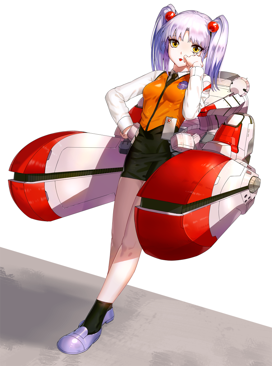 1girl :p black_legwear black_skirt breasts dutch_angle hair_bobbles hair_ornament hand_on_hip hand_up hoshino_ruri kfr kidou_senkan_nadesico lavender_hair long_sleeves looking_at_viewer machinery pencil_skirt purple_footwear shoes simple_background skirt small_breasts socks solo standing tongue tongue_out twintails vest white_background yellow_eyes