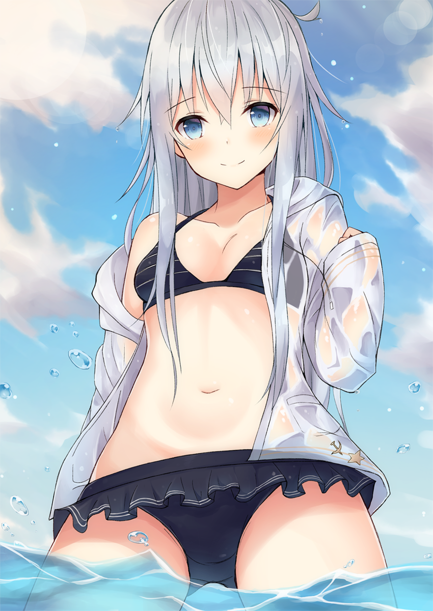 1girl alternate_costume bangs bikini black_bikini blue_eyes blue_sky blush breasts closed_mouth clouds cloudy_sky cowboy_shot day eyebrows_visible_through_hair frilled_bikini frills hair_between_eyes hammer_and_sickle hand_up hibiki_(kantai_collection) highres hood hoodie kantai_collection long_hair long_sleeves looking_at_viewer navel ocean open_clothes open_hoodie outdoors partially_submerged see-through shirt sidelocks silver_hair sky small_breasts smile solo star striped striped_bikini swimsuit swimsuit_under_clothes wading water wet wet_clothes wet_shirt yuzuzukushi