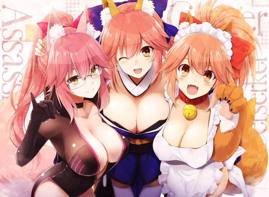 3girls :&gt; :d ;d animal_ears apron asymmetrical_docking bangs bell black_bodysuit blonde_hair blue_bow blue_kimono blush bodysuit bow breast_press breasts brown_gloves character_name cleavage closed_mouth collar collarbone detached_collar eyebrows_visible_through_hair fang fangs fate/grand_order fate_(series) fox_ears fox_shadow_puppet fox_tail frilled_apron frills glasses gloves hair_bow hand_on_another's_head high_ponytail hip_vent japanese_clothes jingle_bell kimono kurikara large_breasts leaning_forward long_hair looking_at_viewer maid_headdress multiple_girls multiple_persona one_eye_closed open_mouth orange_eyes orange_hair paw_gloves paws pink_bow pink_hair red_bow shiny shiny_hair smile standing tail tamamo_(assassin)_(fate) tamamo_(fate)_(all) tamamo_cat_(fate) tamamo_no_mae_(fate) tareme thigh-highs unzipped very_long_hair white_apron white_legwear zipper