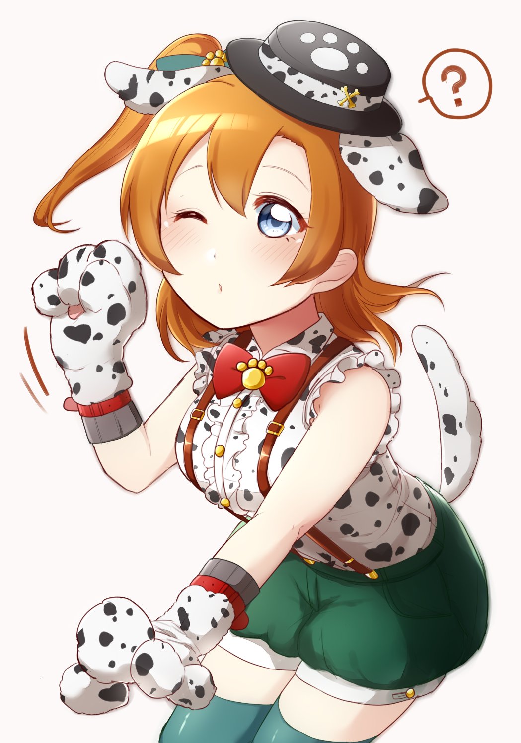 1girl ? animal_ears berisuno_(beriberi0707) black_hat blue_eyes blush bone_hat_ornament bow bowtie dalmatian_print dog_ears frills gloves green_shorts hair_bow hand_up hat hat_ornament highres kousaka_honoka love_live! love_live!_school_idol_project one_eye_closed one_side_up orange_hair paw_gloves paw_print paws red_neckwear shorts solo spoken_question_mark suspender_shorts suspenders thigh-highs