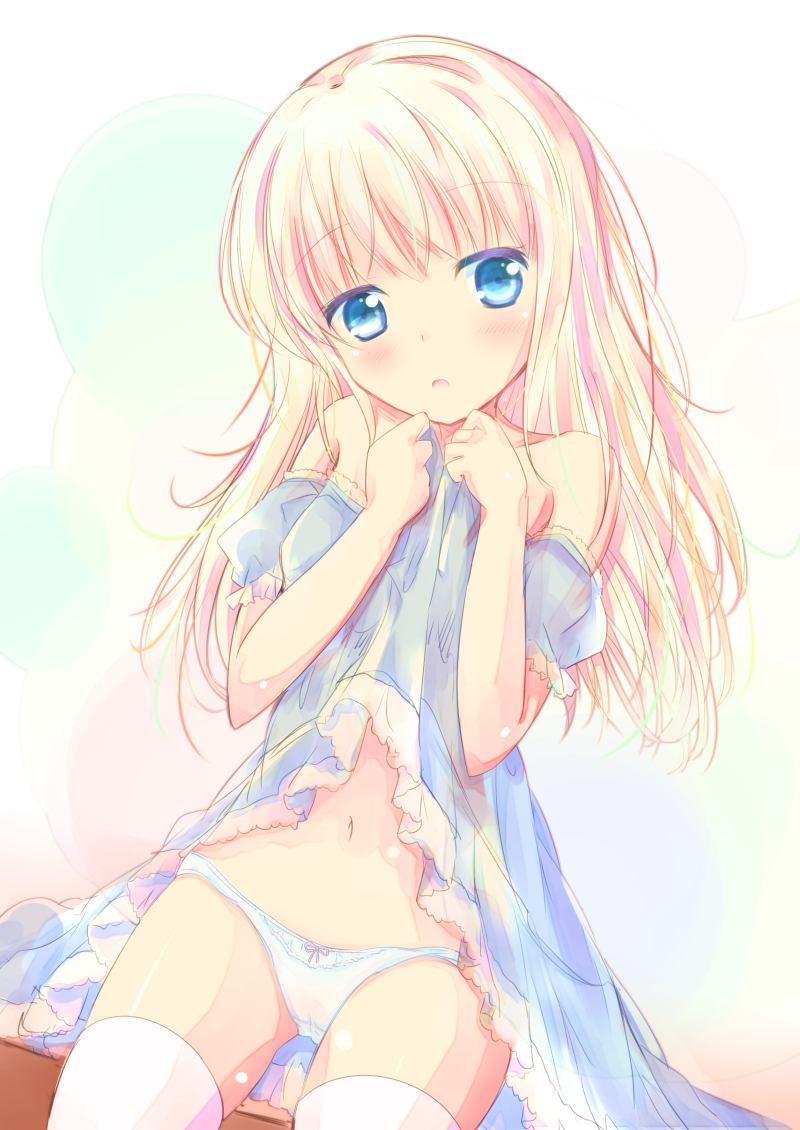 1girl :o bare_shoulders blonde_hair blue_dress blue_eyes bow bow_panties collarbone commentary_request dress dress_lift hands_up head_tilt lifted_by_self long_hair looking_at_viewer navel off-shoulder_dress off_shoulder original panties parted_lips puffy_short_sleeves puffy_sleeves shihou_haru short_sleeves sitting solo thigh-highs underwear white_legwear white_panties