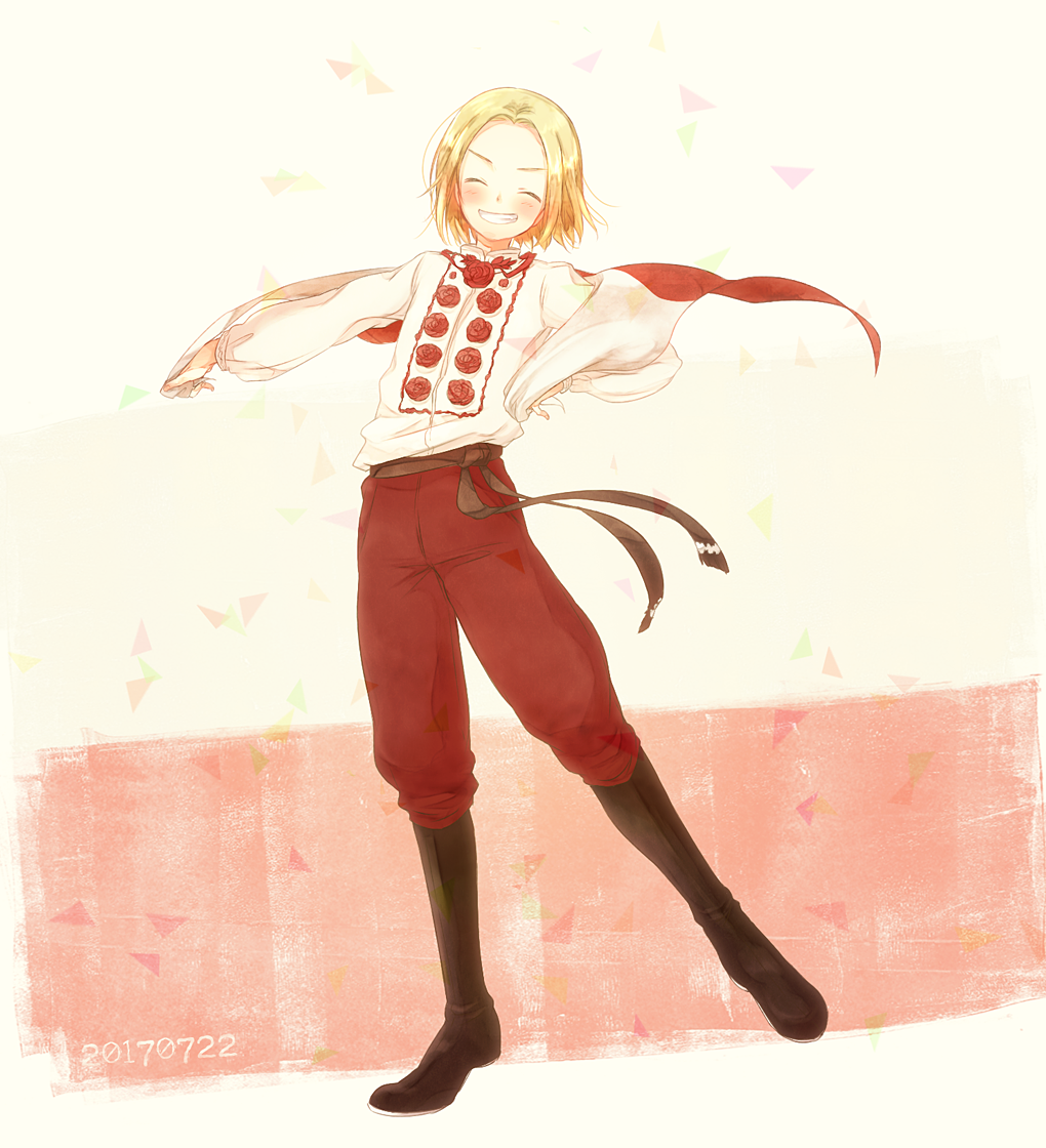 1boy axis_powers_hetalia blonde_hair blush boots closed_eyes dated grin kokotori male_focus poland_(hetalia) polish_clothes polish_flag smile solo traditional_clothes