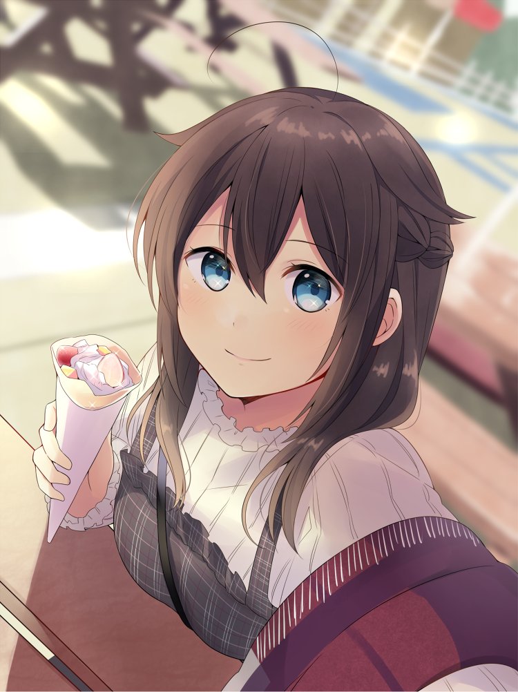 1girl ahoge alternate_costume bangs blue_eyes blurry blurry_background blush braid breasts brown_hair crepe day dress eyebrows_visible_through_hair food french_braid hair_flaps hair_ornament hair_over_shoulder hair_ribbon holding holding_food kantai_collection long_hair looking_at_viewer medium_breasts outdoors remodel_(kantai_collection) ribbon self_shot shigure_(kantai_collection) sidelocks smile solo sparkle strap yukichi_(eikichi)