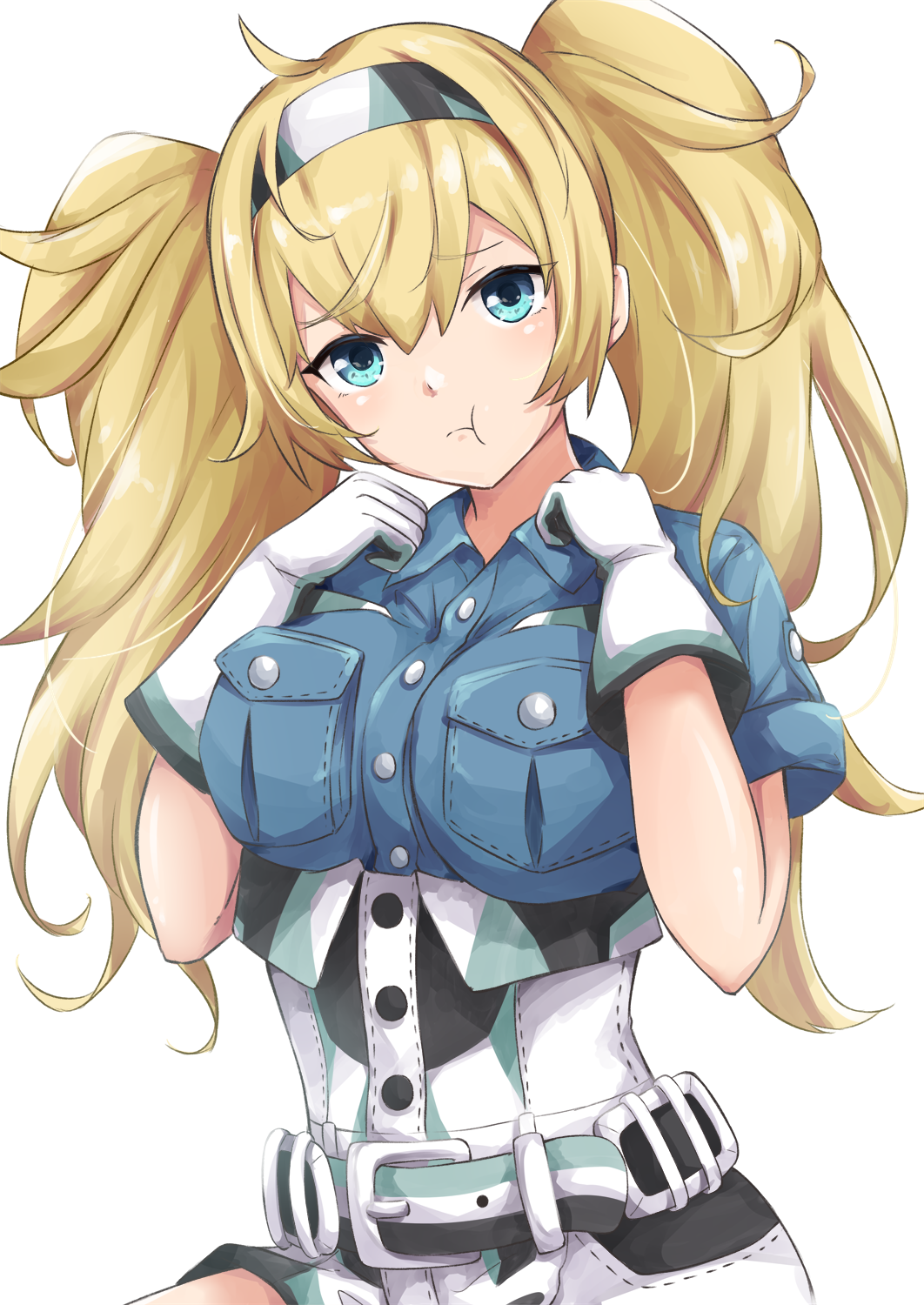1girl ahoge blonde_hair blue_eyes breast_pocket breasts commentary_request gambier_bay_(kantai_collection) gloves hairband highres hoshimiya_mashiro kantai_collection large_breasts long_hair looking_at_viewer pocket pout simple_background solo twintails upper_body white_background white_gloves