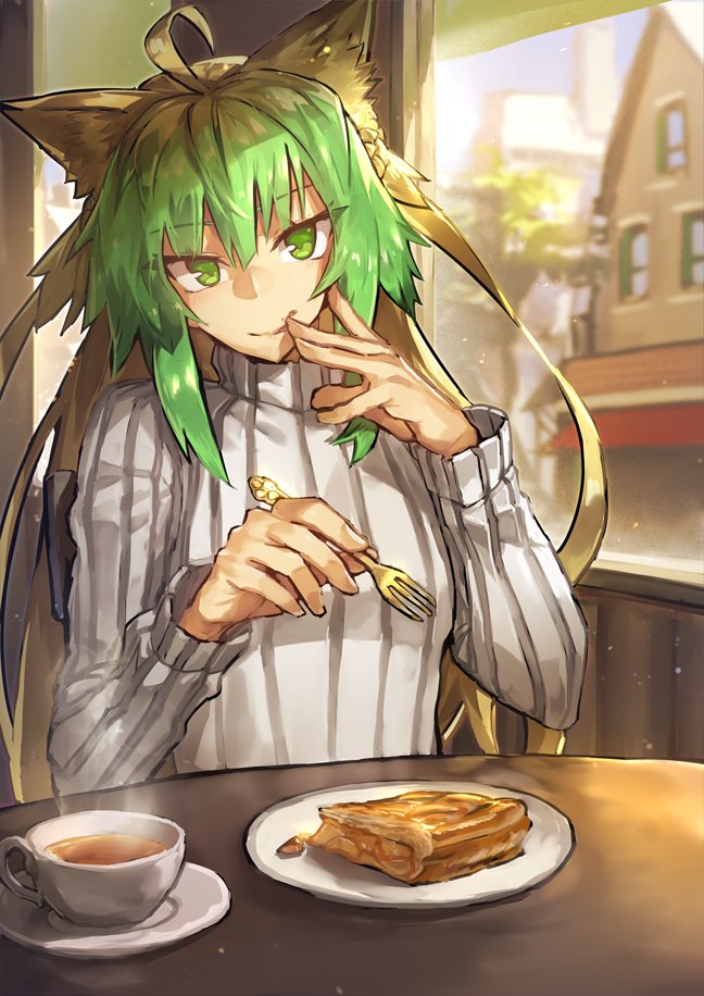 1girl ahoge animal_ears apple_pie atalanta_(fate) blonde_hair casual coffee eating fate/apocrypha fate_(series) fork green_eyes green_hair melon22 multicolored_hair ribbed_sweater sweater window