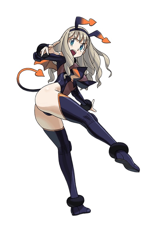 1girl aqua_eyes ass black_legwear blonde_hair demon_tail fake_tail full_body hairband ishikawa_hideki long_hair long_sleeves lovers_inose official_art open_mouth ring_dream simple_background solo tail thigh-highs twisted_torso white_background wrestling_outfit