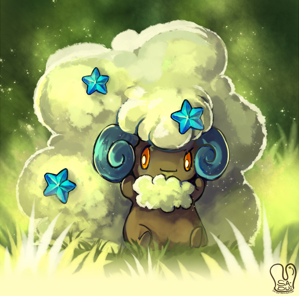 alternate_color commentary_request fluffy grass looking_at_viewer no_humans orange_eyes pokemon pokemon_(creature) sa-dui shiny_pokemon signature sitting smile solo whimsicott