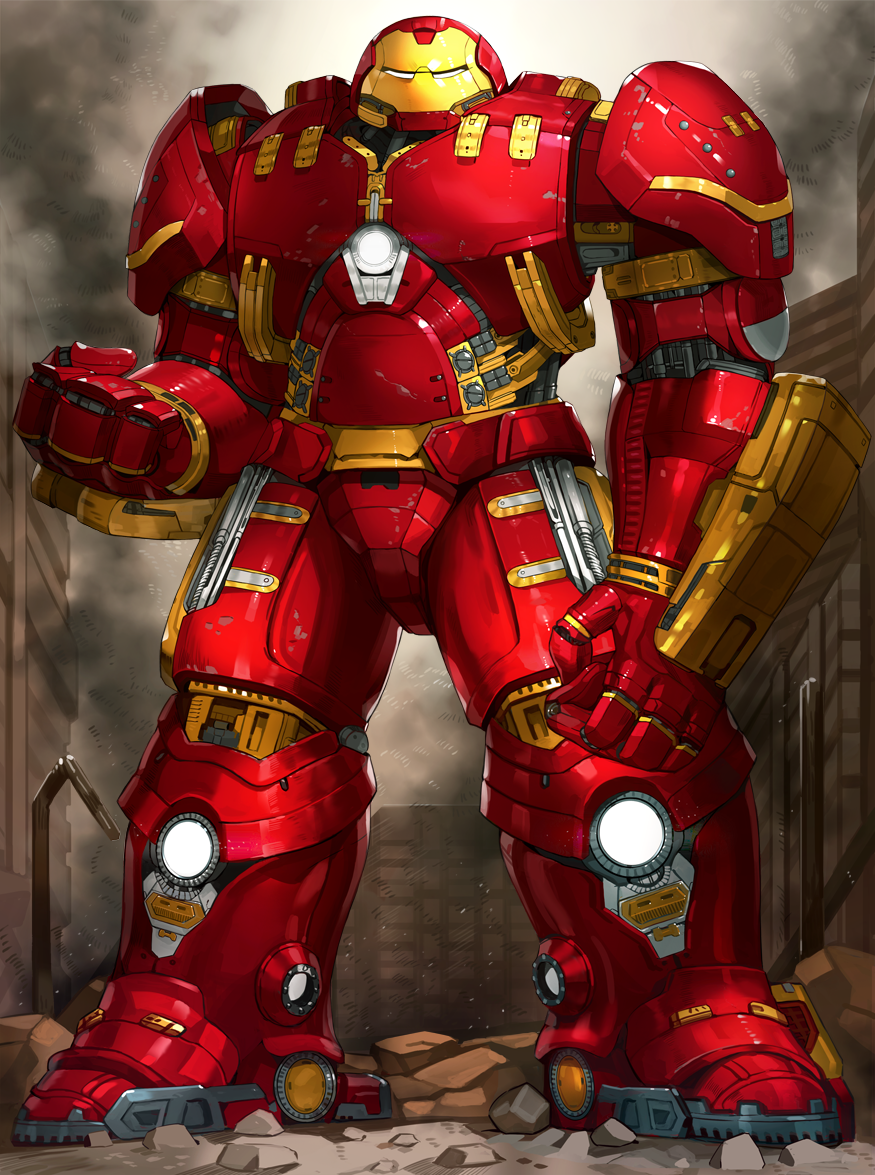 armor clenched_hands debris full_armor full_body gauntlets hulkbuster iron_man kfr legs_apart looking_at_viewer marvel no_humans standing