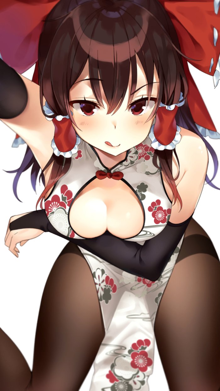 1girl alternate_costume bangs bare_shoulders black_gloves black_legwear bow breast_hold breasts bridal_gauntlets china_dress chinese_clothes cleavage close-up dress eyebrows_visible_through_hair floral_print gloves hair_between_eyes hair_bow hair_tubes hakurei_reimu highres licking_lips looking_at_viewer medium_breasts mirei pantyhose pelvic_curtain red_bow red_eyes ribbon_trim simple_background solo thighband_pantyhose tongue tongue_out touhou white_background white_dress