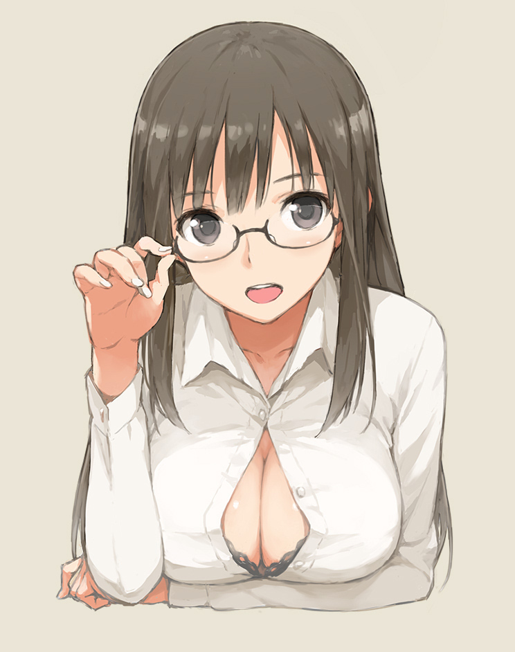 1girl :d black-framed_eyewear black_bra black_eyes bra breast_hold breast_rest breasts brown_hair cleavage commentary_request dress_shirt glasses large_breasts long_hair looking_at_viewer morisawa_haruyuki open_mouth original partially_unbuttoned semi-rimless_eyewear shirt sidelocks simple_background smile solo under-rim_eyewear underwear upper_body