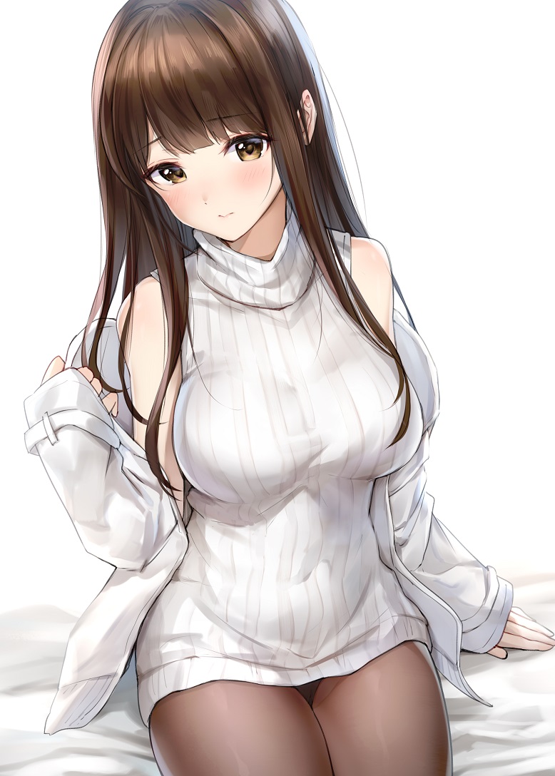 1girl 3: blush breasts brown_eyes brown_hair brown_legwear closed_mouth covered_navel dress eyebrows_visible_through_hair large_breasts long_hair off_shoulder original pantyhose ribbed_sweater sidelocks simple_background sitting sleeves_past_wrists solo sweater sweater_dress sweater_vest takeashiro turtleneck turtleneck_sweater