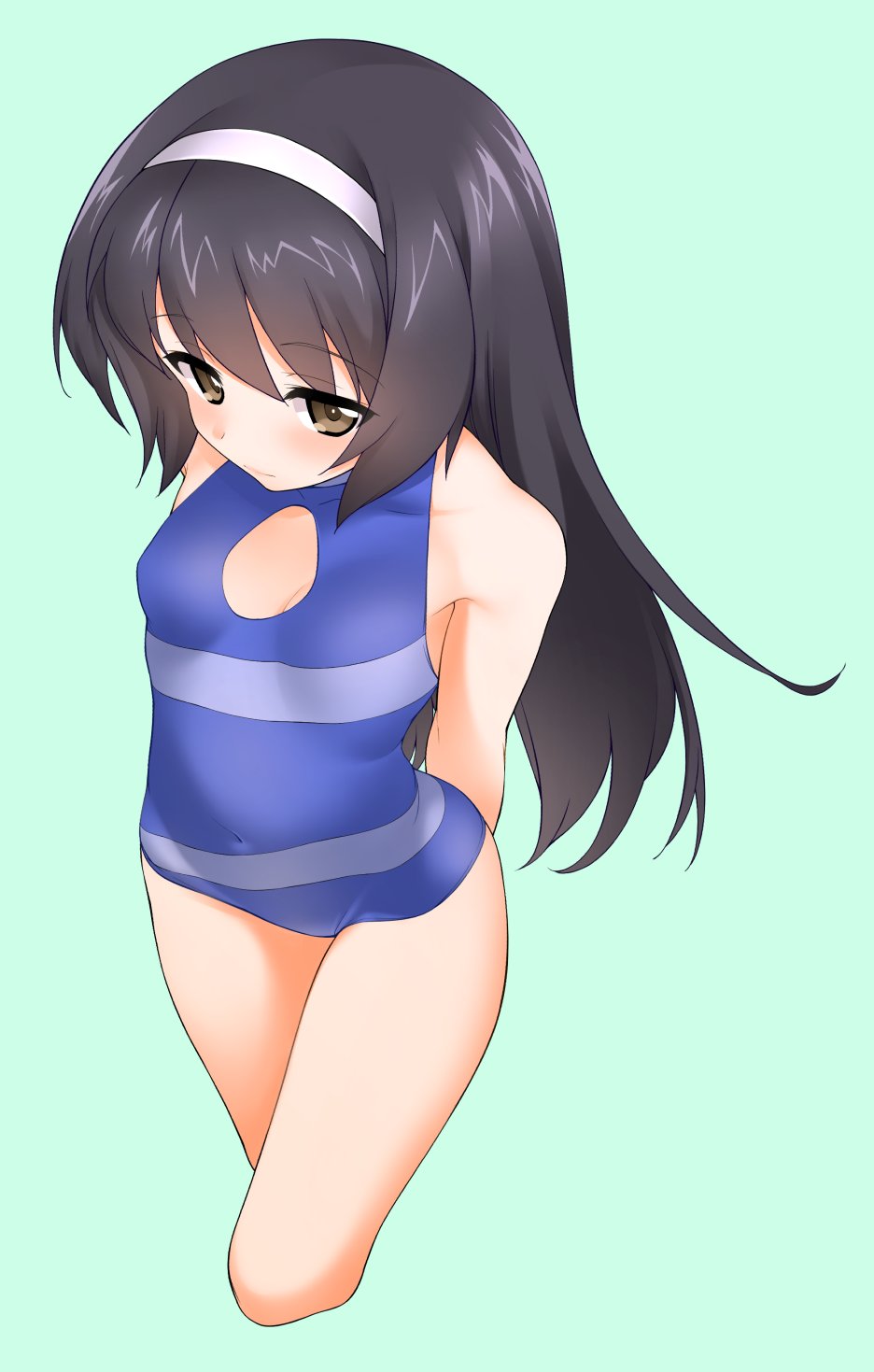 1girl arms_behind_back bangs black_hair blue_swimsuit breasts brown_eyes cleavage_cutout closed_mouth commentary_request covered_navel cowboy_shot cropped_legs eyebrows_visible_through_hair girls_und_panzer hairband hatakenaka_(kamagabuchi) highres leaning_forward light_smile long_hair looking_at_viewer one-piece_swimsuit reizei_mako simple_background small_breasts solo standing swimsuit white_hairband
