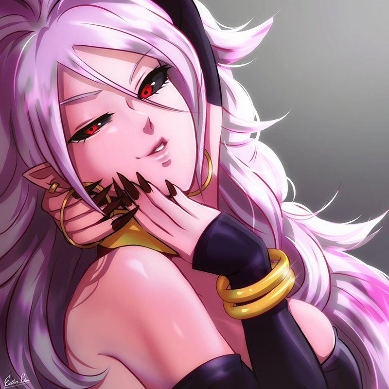 1girl android android_21 android_21_(evil) arm_up arm_warmers bandeau bare_shoulders blac_sclera black_nails black_sclera breasts dragon_ball dragon_ball_fighterz ear_piercing earrings esther face fingernails half-closed_eyes hoop_earrings jewelry large_breasts lips long_hair looking_at_viewer majin_android_21 monster_girl nail_polish piercing pink_skin pointy_ears red_eyes seductive_smile sharp_fingernails smile solo very_long_hair white_hair