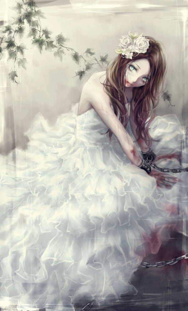 1girl bare_shoulders blood bound bound_wrists brown_hair bruise chains closed_mouth commentary_request dress flower green_eyes hair_flower hair_ornament injury ivy long_hair looking_at_viewer nuwanko original restrained rose sitting solo wedding_dress white_dress white_flower white_rose