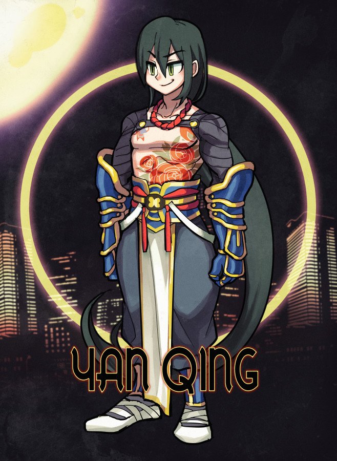 1boy arms_at_sides character_name closed_mouth fate/grand_order fate_(series) full_body green_eyes ha1da long_hair low_ponytail male_focus nagatekkou no_nipples pants parody shirtless skullgirls smile solo style_parody tattoo very_long_hair yan_qing_(fate/grand_order)