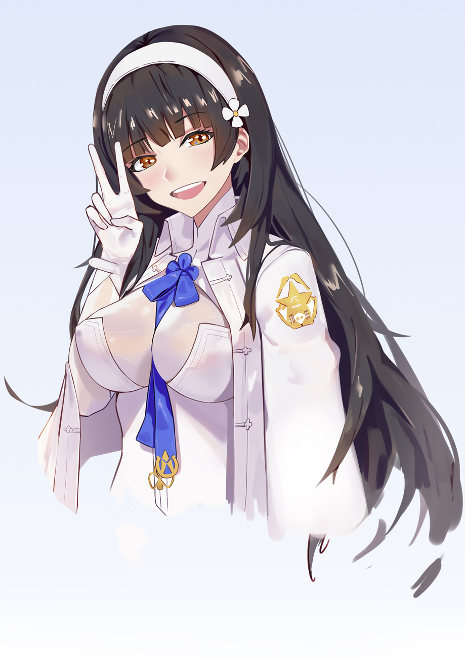 1girl bangs between_breasts black_hair blue_background blue_ribbon blunt_bangs blush breasts brown_eyes cleavage cloak collared_cloak cropped_torso eyebrows_visible_through_hair flower girls_frontline gloves hair_flower hair_ornament hairband head_tilt highres large_breasts long_hair looking_at_viewer neck_ribbon open_mouth qbz-95_(girls_frontline) ribbon shirt sidelocks simple_background smile solo tareme tsuaaa v very_long_hair white_cloak white_gloves white_hairband white_shirt wing_collar