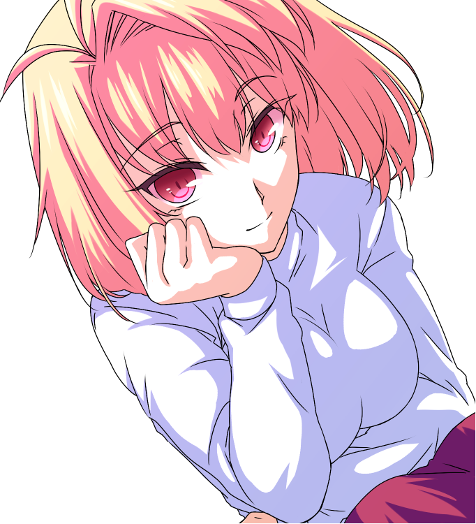 1girl arcueid_brunestud bangs blonde_hair bob_cut chin_rest eteraito light_smile long_sleeves looking_at_viewer red_eyes short_hair slit_pupils solo tsukihime white_background
