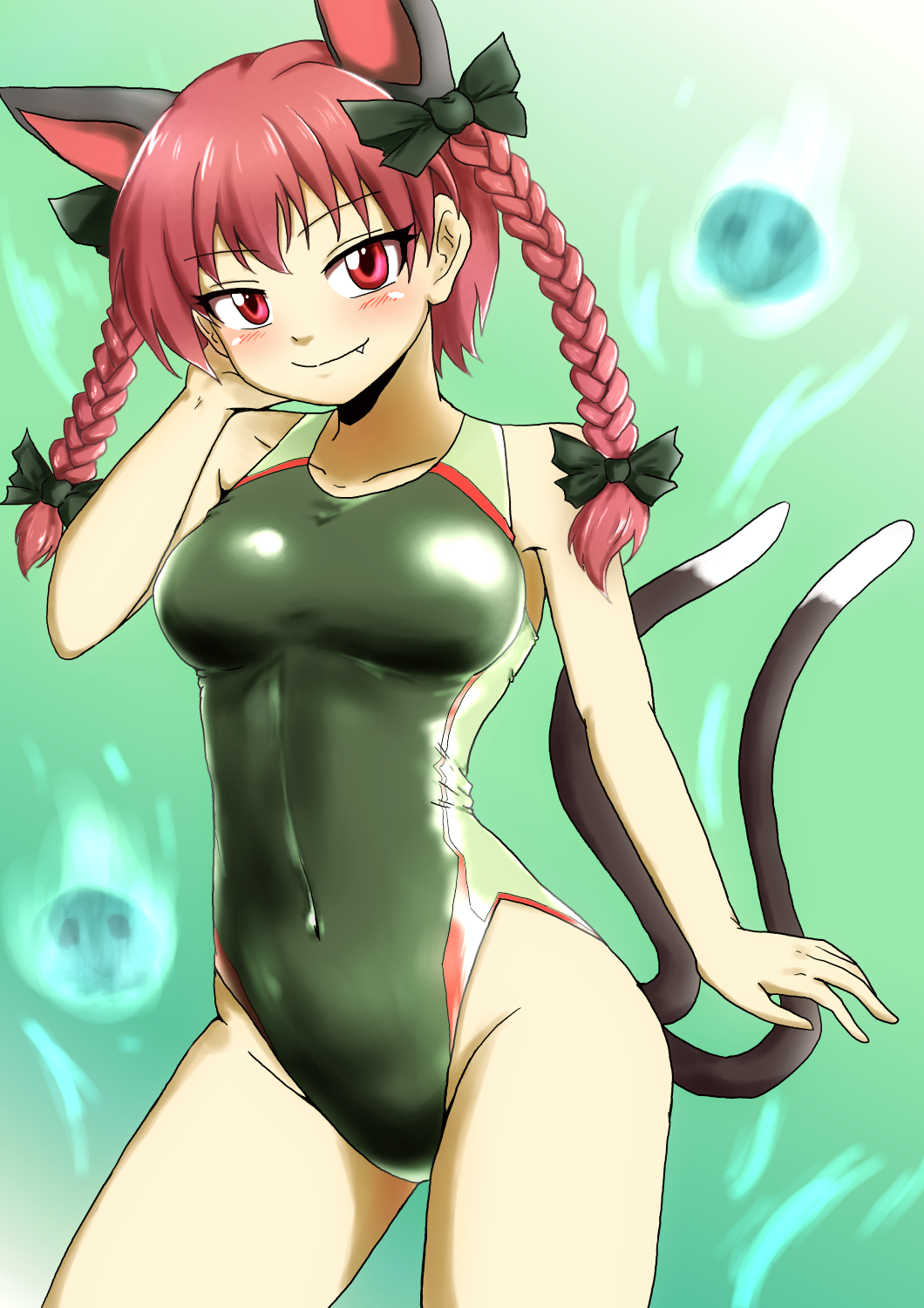 1girl animal_ears bow braid breasts cat_ears cat_tail competition_swimsuit d-m_(dii_emu) extra_ears green_background green_swimsuit hair_bow highres hitodama kaenbyou_rin looking_at_viewer medium_breasts nekomata one-piece_swimsuit pointy_ears red_eyes redhead skull smile solo swimsuit tail touhou twin_braids