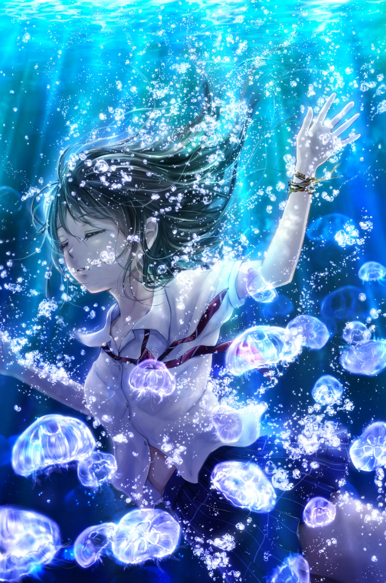 1girl afloat air_bubble blue_skirt bracelet bubble closed_eyes collared_shirt commentary_request green_hair highres jellyfish jewelry necktie nuwanko original outstretched_arms parted_lips red_neckwear school_uniform shirt short_sleeves skirt solo spread_arms underwater white_shirt wing_collar