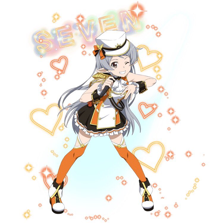 1girl ;d black_skirt brown_eyes character_name floating_hair frilled_skirt frills grin hair_ribbon hat heat holding holding_microphone idol leaning_forward long_hair looking_at_viewer microphone miniskirt one_eye_closed open_mouth orange_legwear orange_ribbon pointy_ears ribbon seven_(sao) shoes silver_hair simple_background skirt sleeveless smile solo sword_art_online thigh-highs very_long_hair white_background white_hat wrist_cuffs